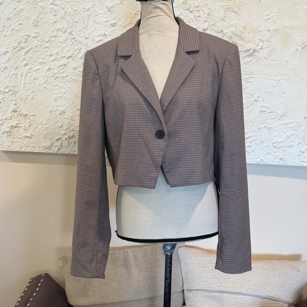 House of Harlow 1960 Women's Houndstooth Brown Single Button Cropped Blazer Sz L